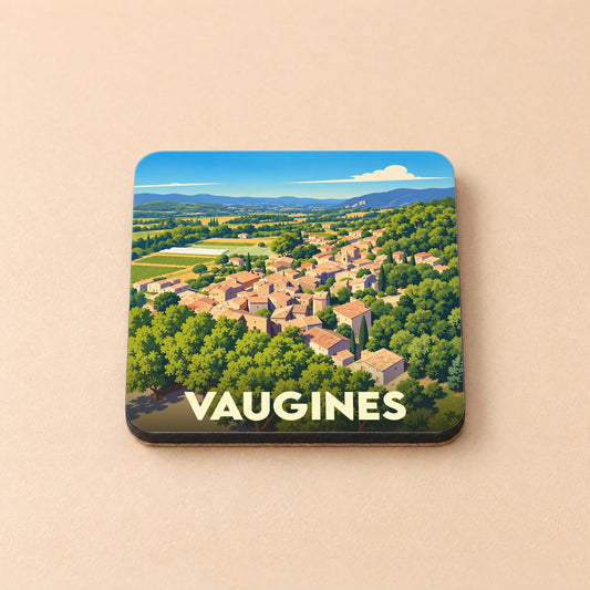 Dessous de verre souvenir de la ville de Vaugines avec une illustration de style vintage du village et de ses environs.