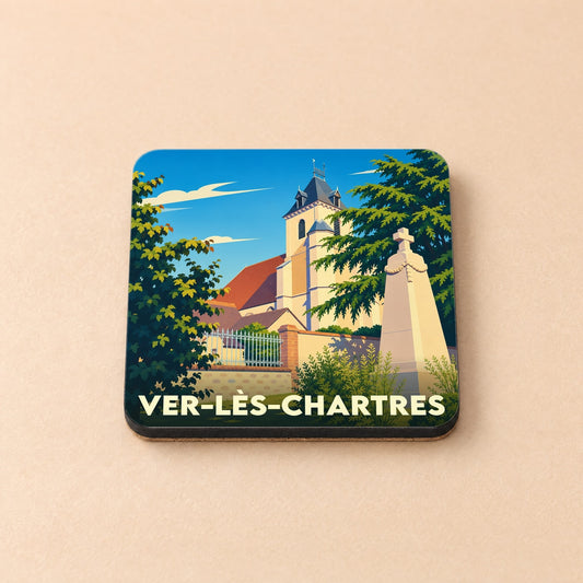 Dessous de verre souvenir de la ville de Ver-lès-Chartres avec une illustration stylisée de son église.
