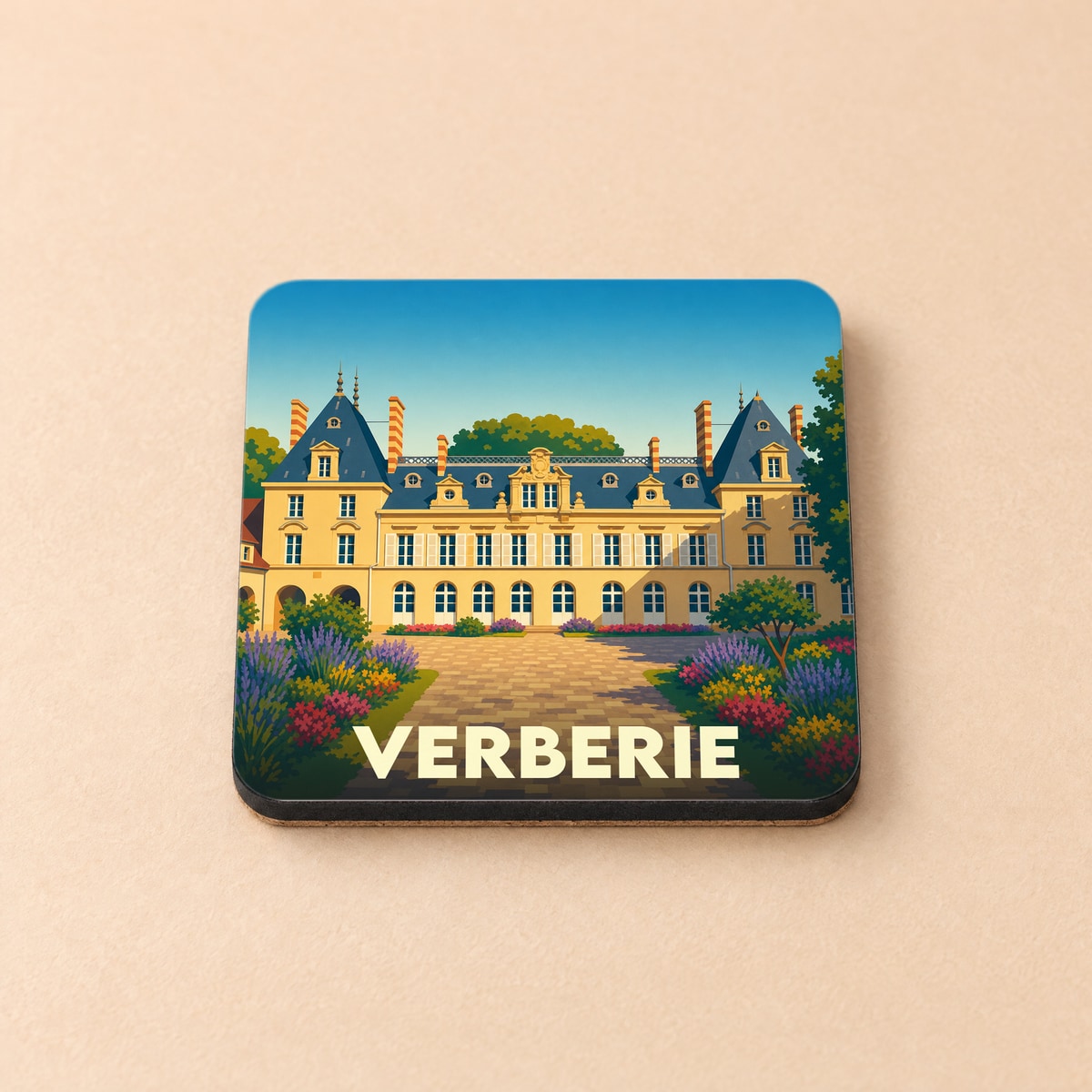 Dessous de verre souvenir de la ville de Verberie avec une illustration stylisée d'un château et de jardins.