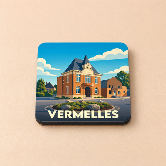 Dessous de verre souvenir de la ville de Vermelles avec une illustration stylisée d'un bâtiment remarquable.