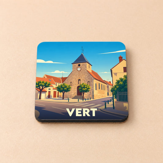 Dessous de verre souvenir de la ville de Vert arborant une illustration stylisée de son église.
