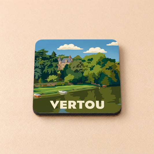 Dessous de verre souvenir de la ville de Vertou avec une illustration stylisée des bords de Sèvre.