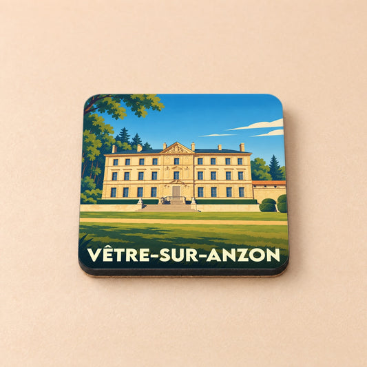 Dessous de verre souvenir de la ville de Vêtre-sur-Anzon avec une illustration stylisée d'un château.