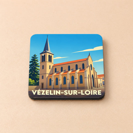 Dessous de verre souvenir de la ville de Vézelin-sur-Loire avec une illustration stylisée de son église.