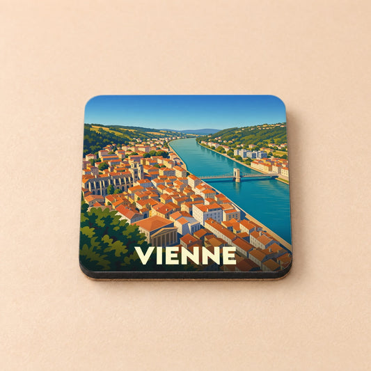 Dessous de verre souvenir de la ville de Vienne avec une illustration stylisée et colorée.