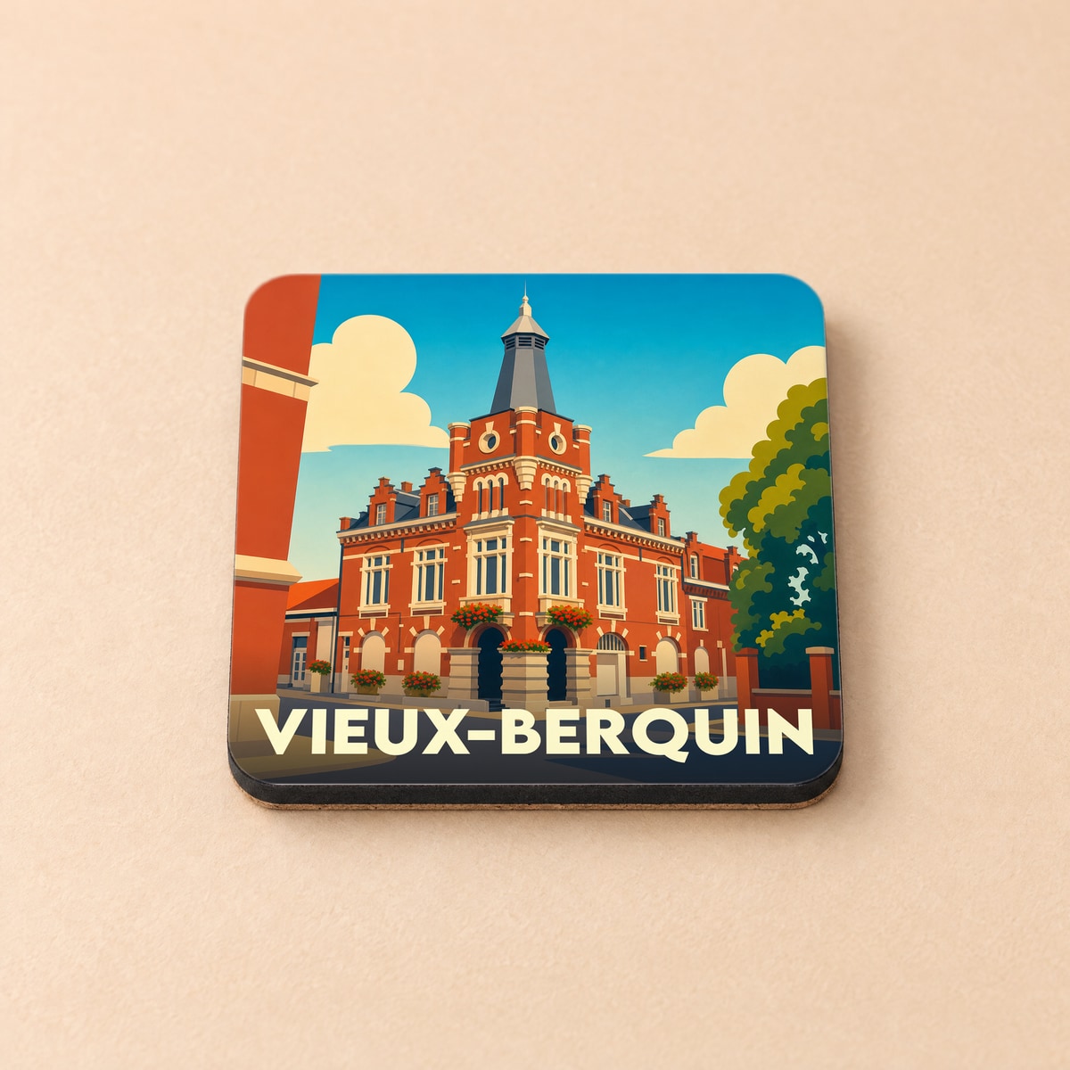 Dessous de verre souvenir de la ville de Vieux-Berquin avec une illustration stylisée de son hôtel de ville.