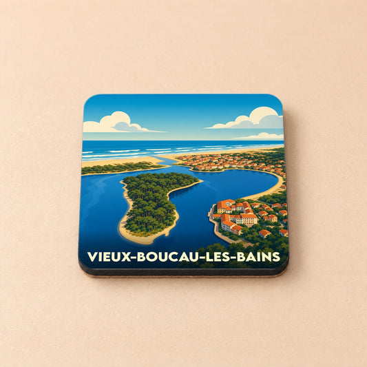 Dessous de verre souvenir de la ville de Vieux-Boucau-les-Bains avec une illustration stylisée de son lac marin et de l'océan.