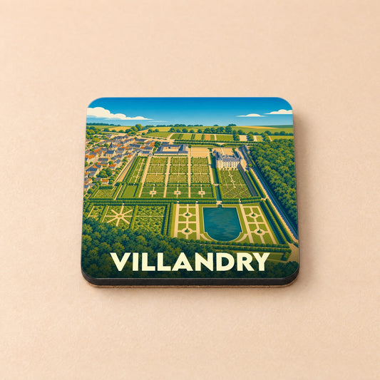 Dessous de verre souvenir de la ville de Villandry avec une illustration stylisée de son château et de ses jardins.