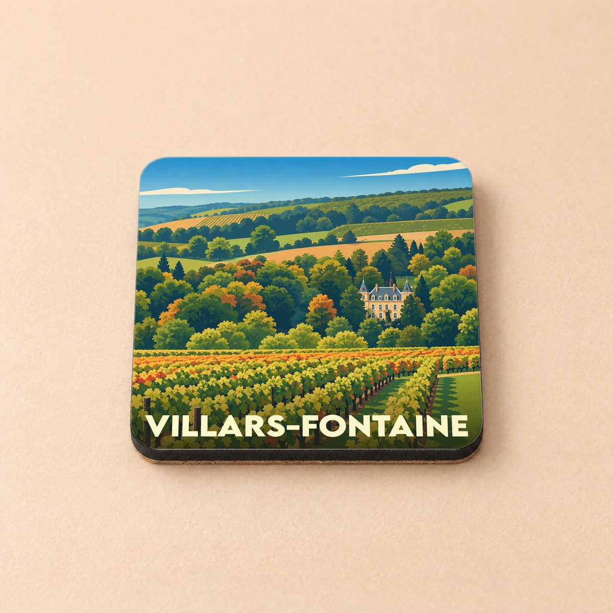 Dessous de verre souvenir de la ville de Villars-Fontaine avec une illustration stylisée de vignobles et d'un château.