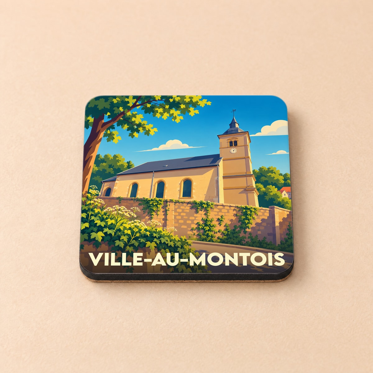 Dessous de verre souvenir de la ville de Ville-au-Montois avec une illustration stylisée de son église.