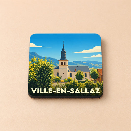 Dessous de verre souvenir de la ville de Ville-en-Sallaz avec une illustration stylisée de son église.