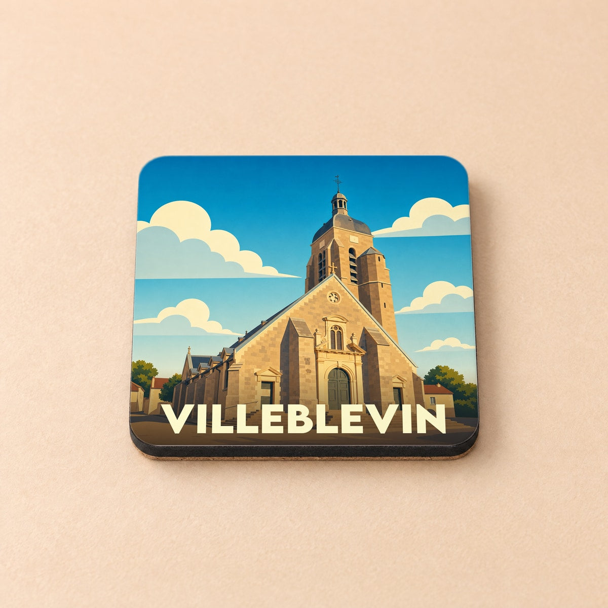 Dessous de verre souvenir de la ville de Villeblevin avec une illustration stylisée de son église.