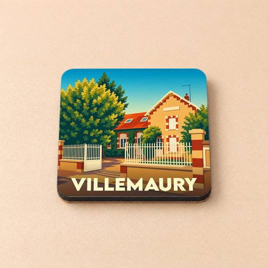 Dessous de verre souvenir de la ville de Villemaury avec une illustration stylisée d'une maison.