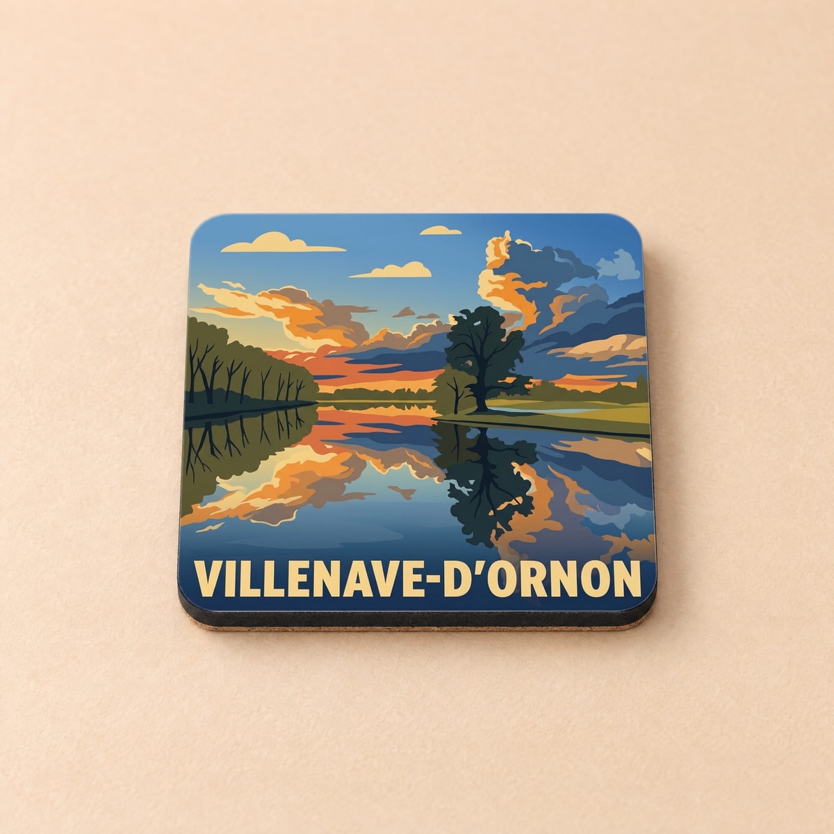 Dessous de verre souvenir de la ville de Villenave-d'Ornon avec une illustration stylisée d'un coucher de soleil sur l'eau.