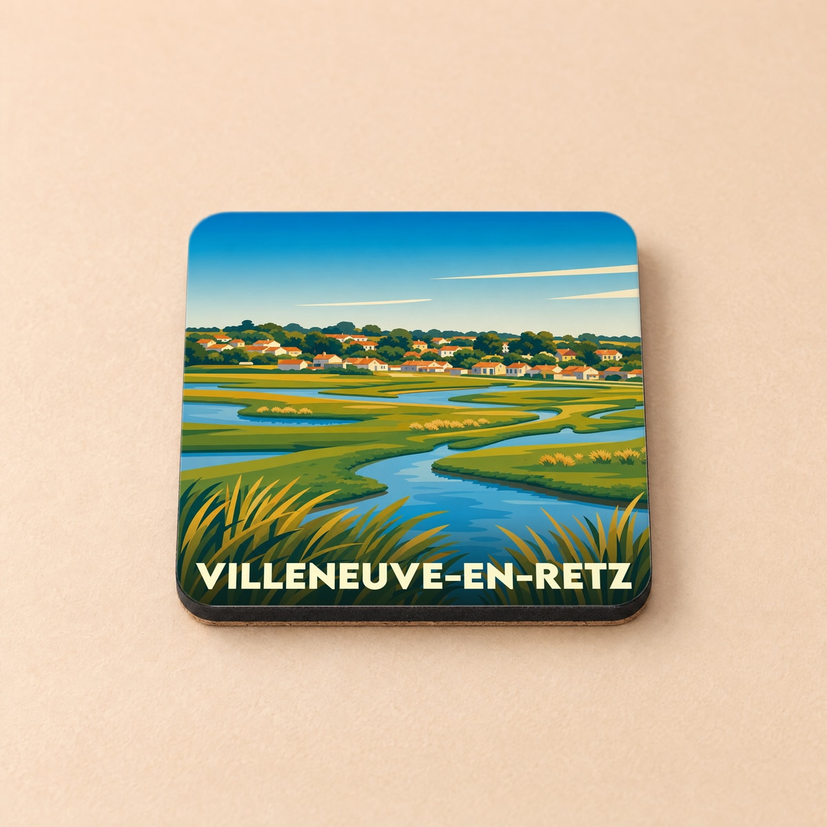 Dessous de verre souvenir de la ville de Villeneuve-en-Retz avec une illustration stylisée d'un paysage de marais.