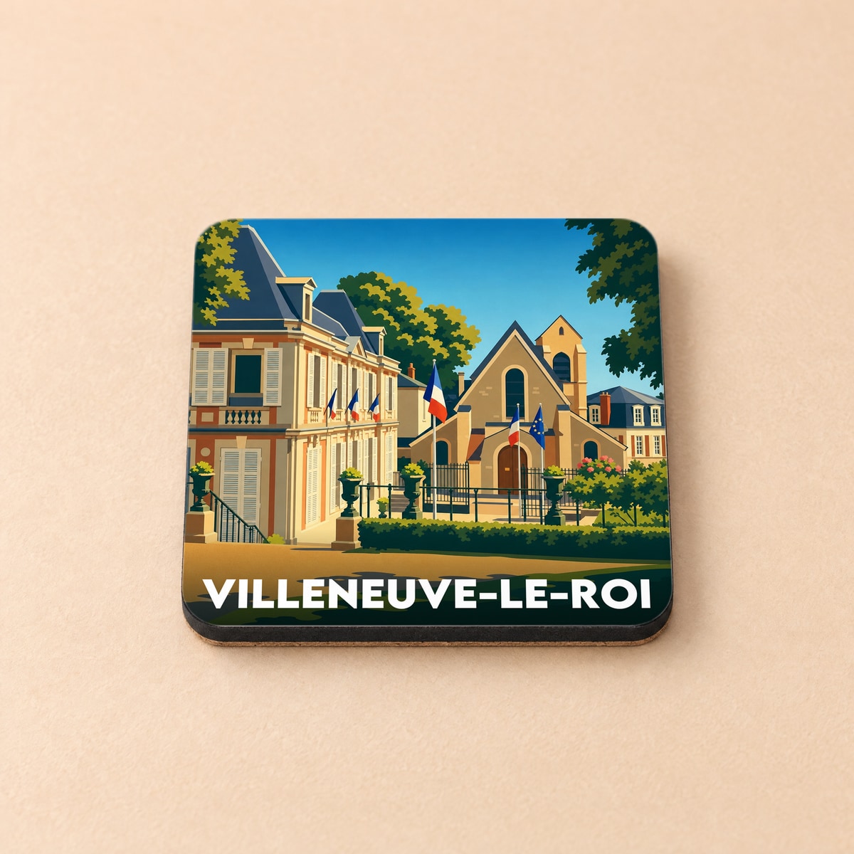 Dessous de verre souvenir de la ville de Villeneuve-le-Roi avec une illustration stylisée.