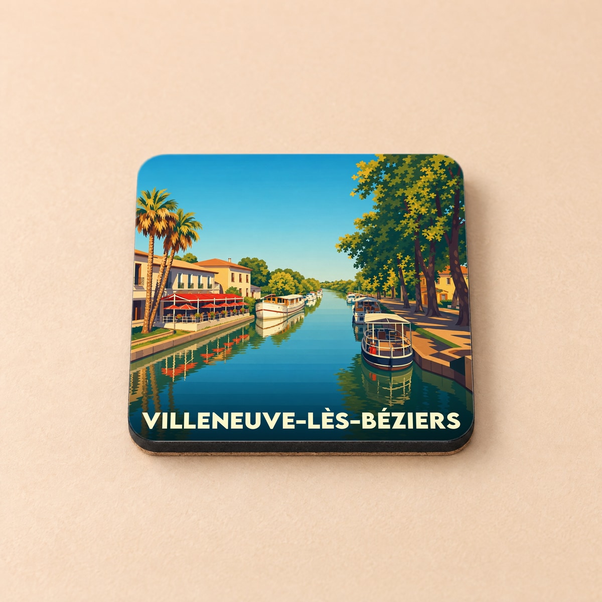 Dessous de verre souvenir de la ville de Villeneuve-lès-Béziers avec une illustration stylisée du canal du Midi.