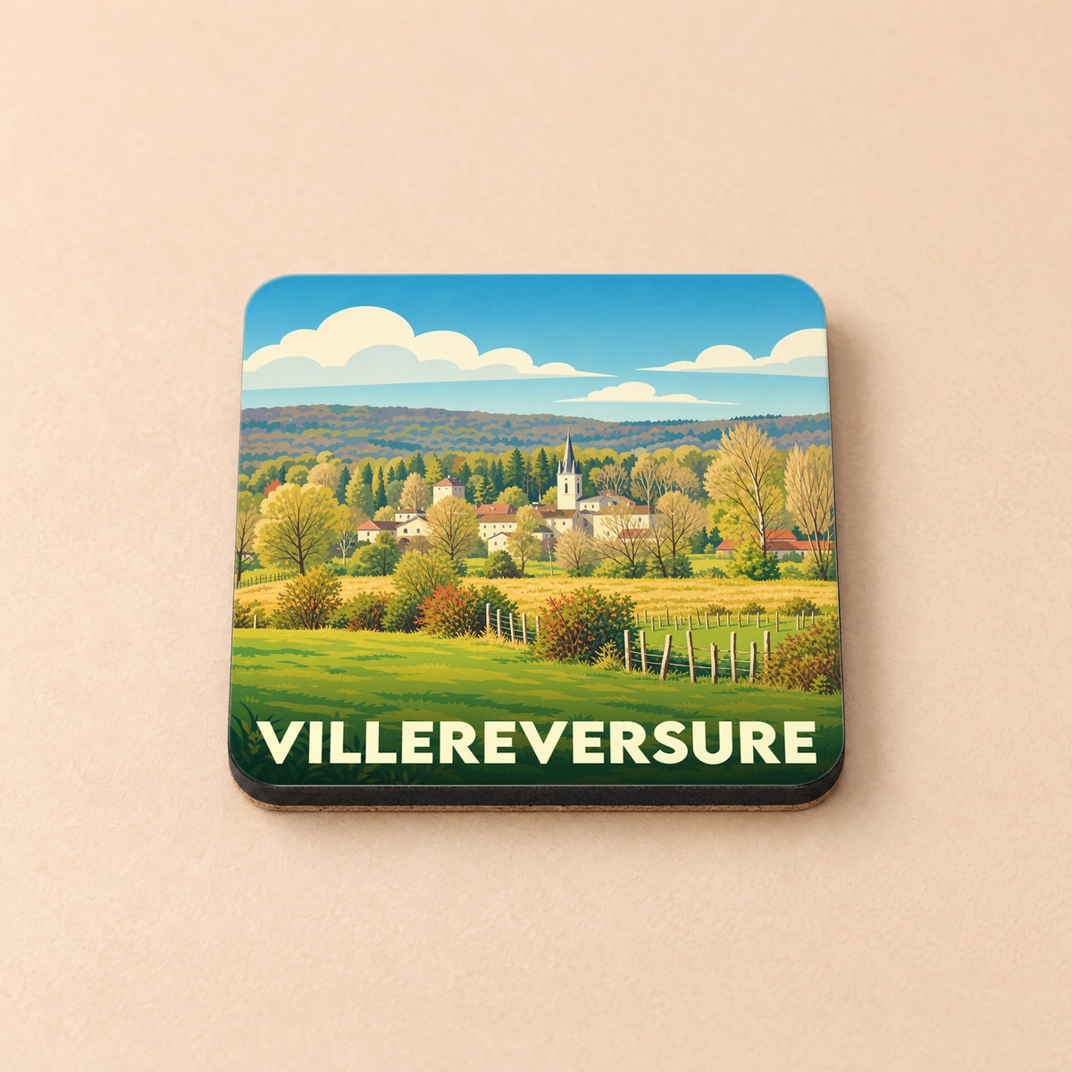Dessous de verre souvenir de la ville de Villereversure avec une illustration stylisée de son paysage rural.