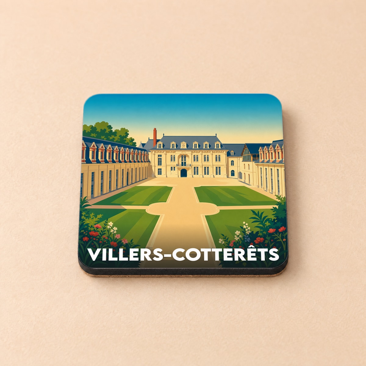 Dessous de verre souvenir de la ville de Villers-Cotterêts avec une illustration stylisée de son château.