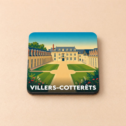 Dessous de verre souvenir de la ville de Villers-Cotterêts avec une illustration stylisée de son château.