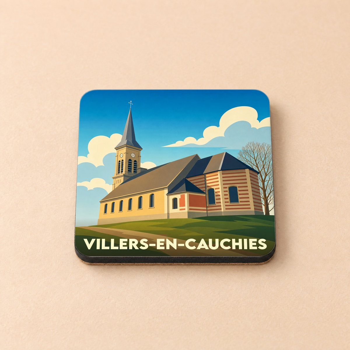 Dessous de verre souvenir de la ville de Villers-en-Cauchies avec une illustration stylisée de son église.