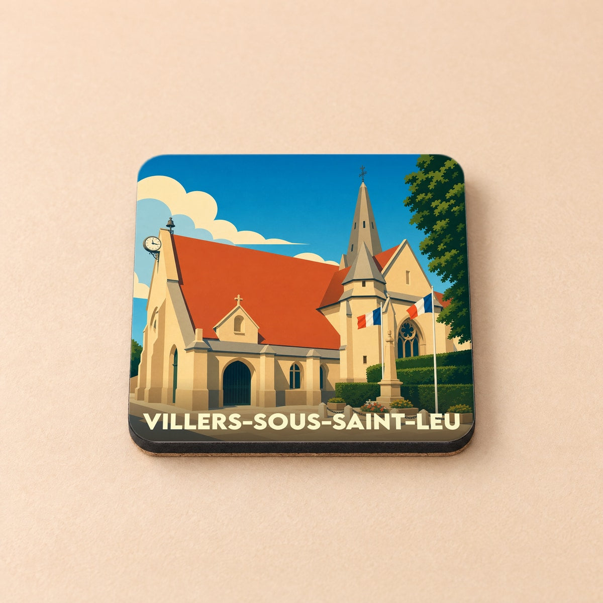 Dessous de verre souvenir de la ville de Villers-sous-Saint-Leu avec une illustration stylisée de son église.