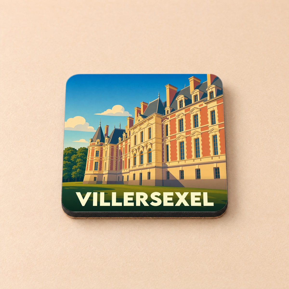Dessous de verre souvenir de la ville de Villersexel avec une illustration stylisée de son château.