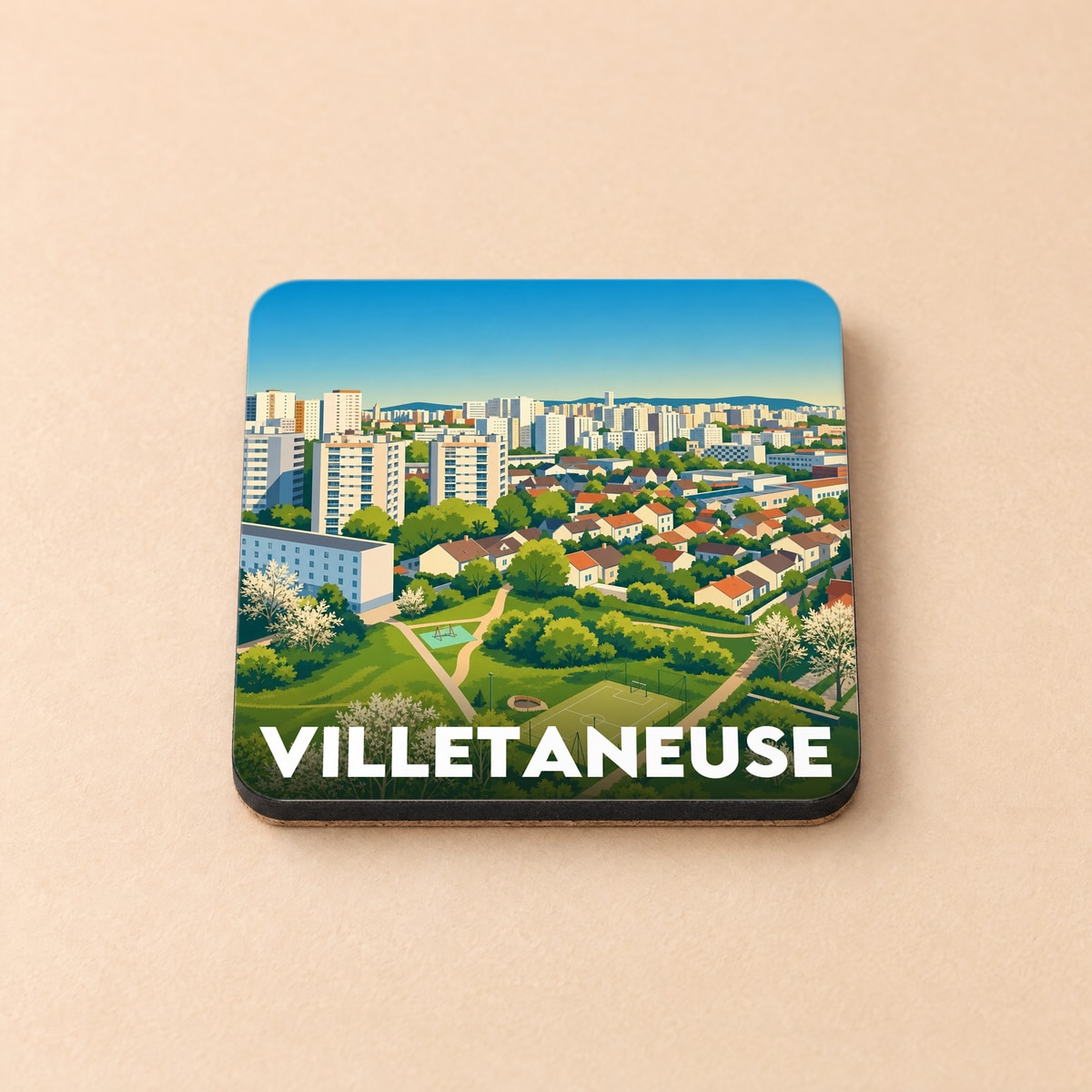 Dessous de verre souvenir de la ville de Villetaneuse avec une illustration urbaine et verdoyante stylisée.