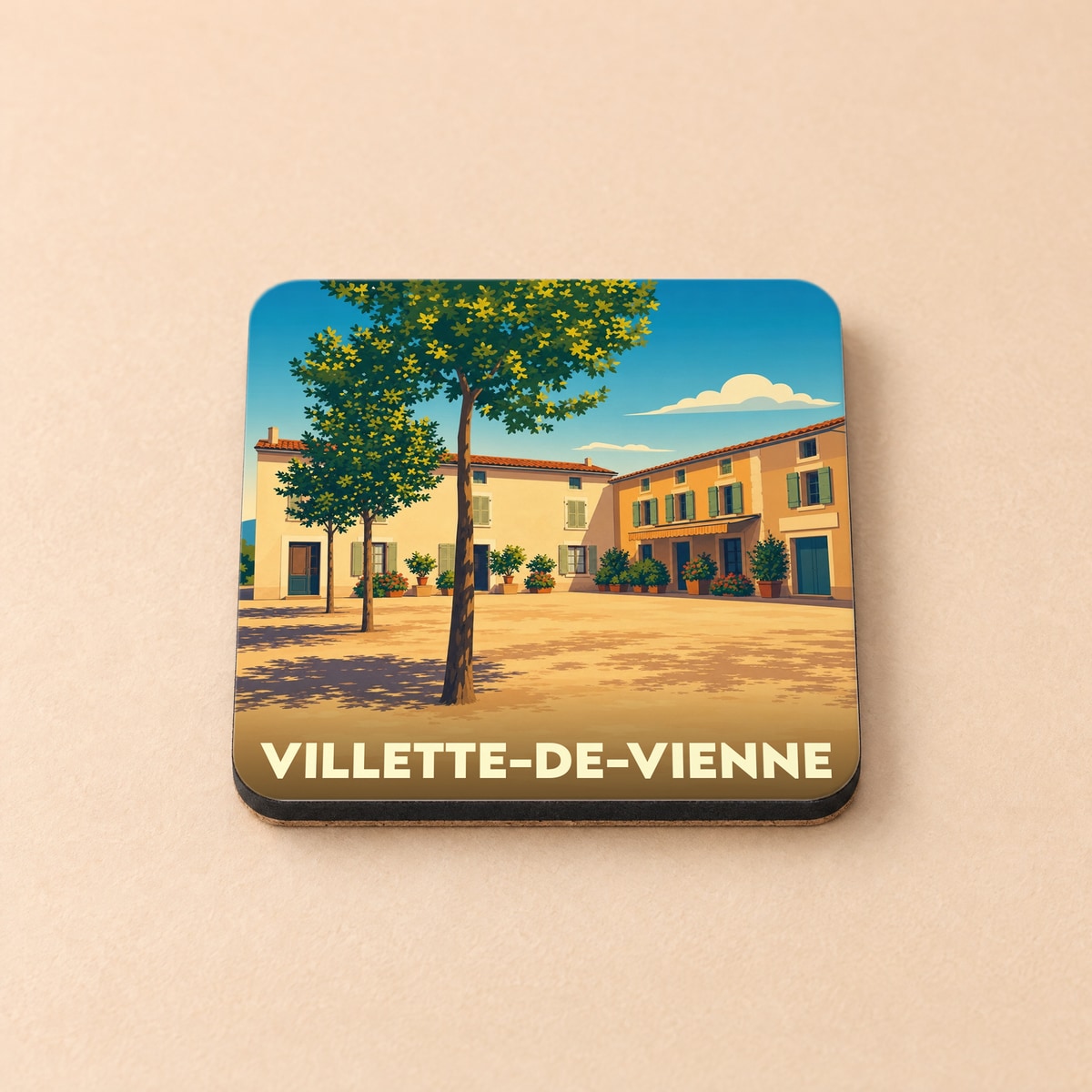 Dessous de verre souvenir de la ville de Villette-de-Vienne avec une illustration stylisée d'une place ensoleillée.