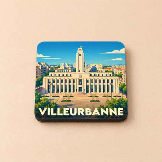 Dessous de verre souvenir de la ville de Villeurbanne avec une illustration stylisée de son hôtel de ville.