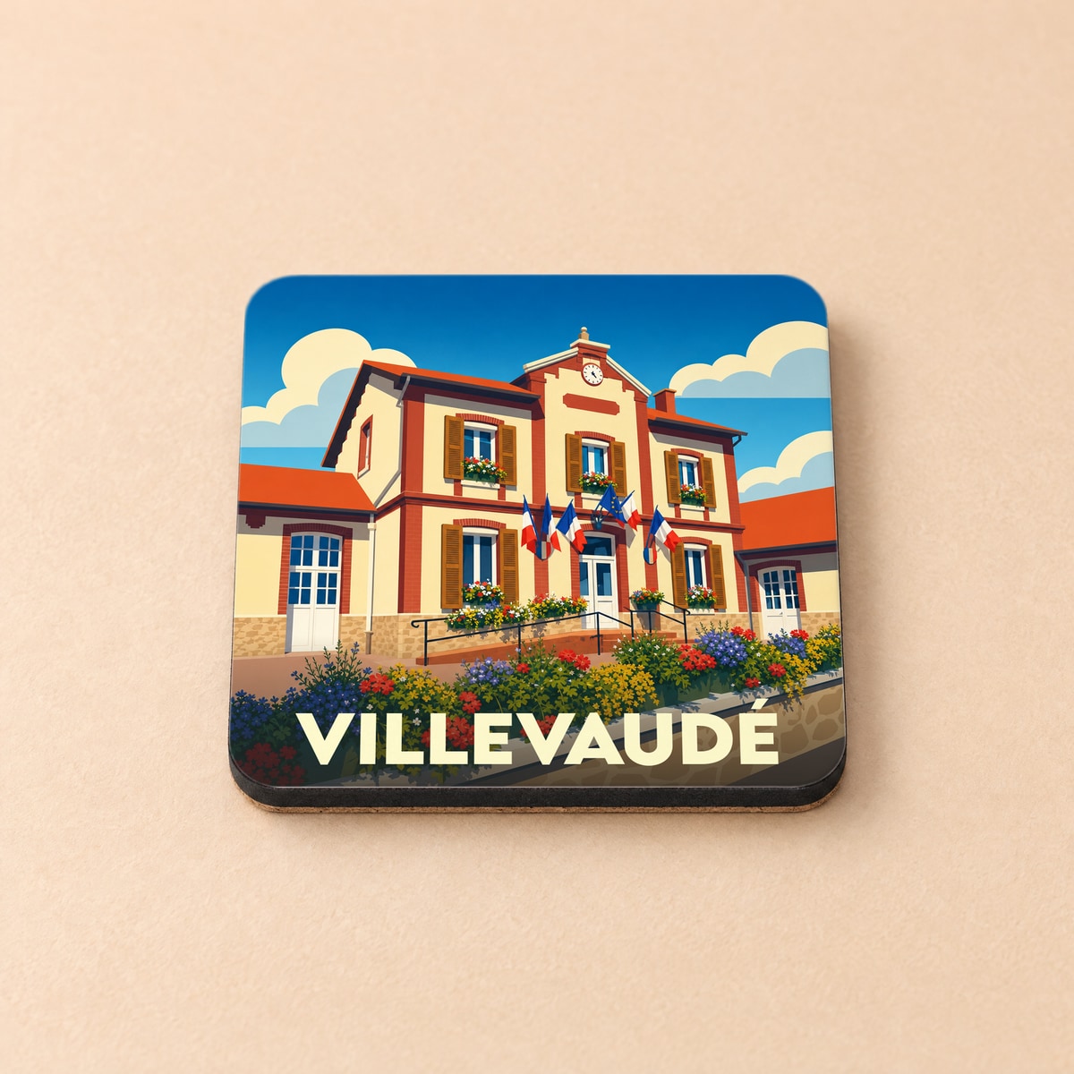 Dessous de verre souvenir de la ville de Villevaudé avec une illustration stylisée de la mairie.