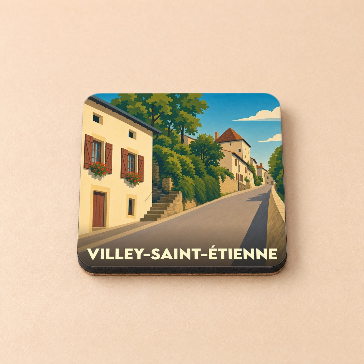 Dessous de verre souvenir de Villey-Saint-Étienne avec une illustration stylisée.