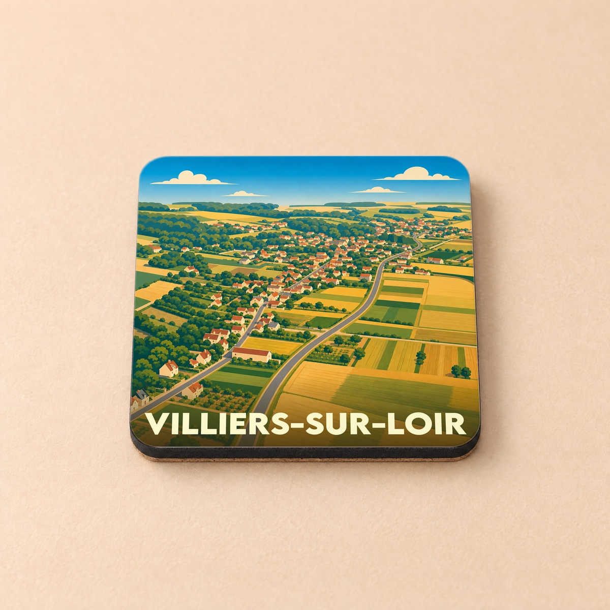 Dessous de verre souvenir de la ville de Villiers-sur-Loir avec une illustration stylisée de son paysage rural.