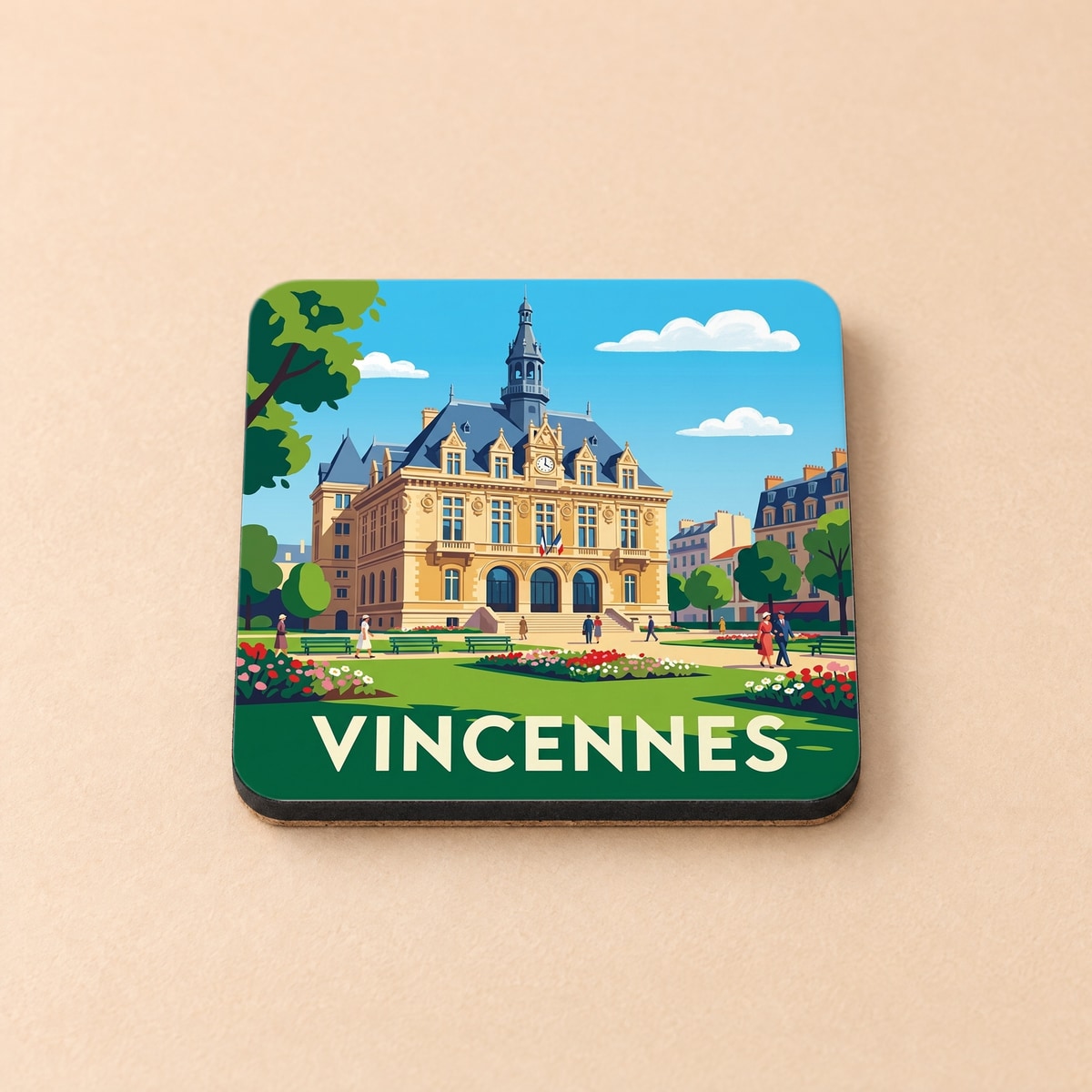 Dessous de verre souvenir de la ville de Vincennes avec une illustration stylisée de son hôtel de ville.