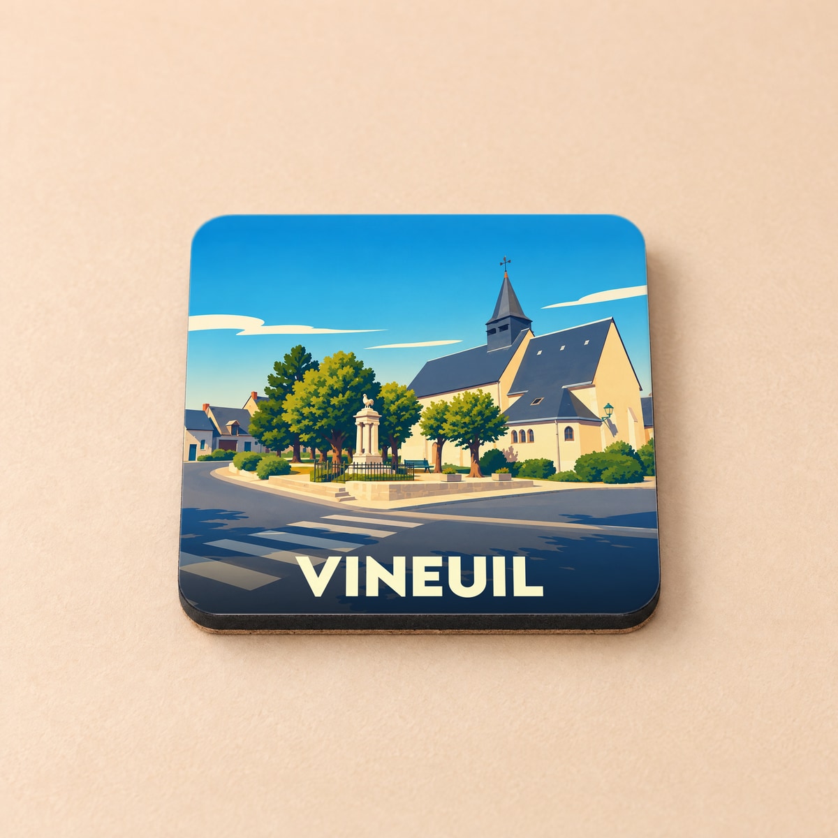 Dessous de verre souvenir de la ville de Vineuil avec une illustration stylisée de son église et de sa place centrale.
