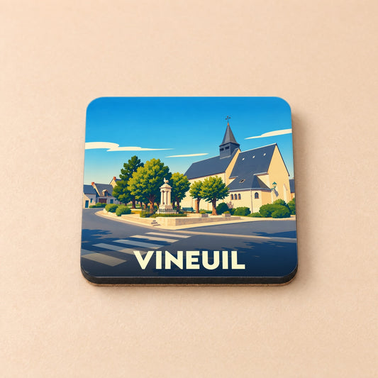 Dessous de verre souvenir de la ville de Vineuil avec une illustration stylisée de son église et de sa place centrale.