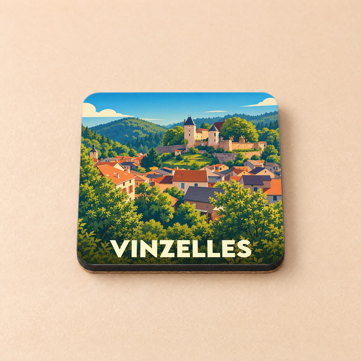Dessous de verre souvenir de la ville de Vinzelles avec une illustration stylisée de son château et de ses maisons.