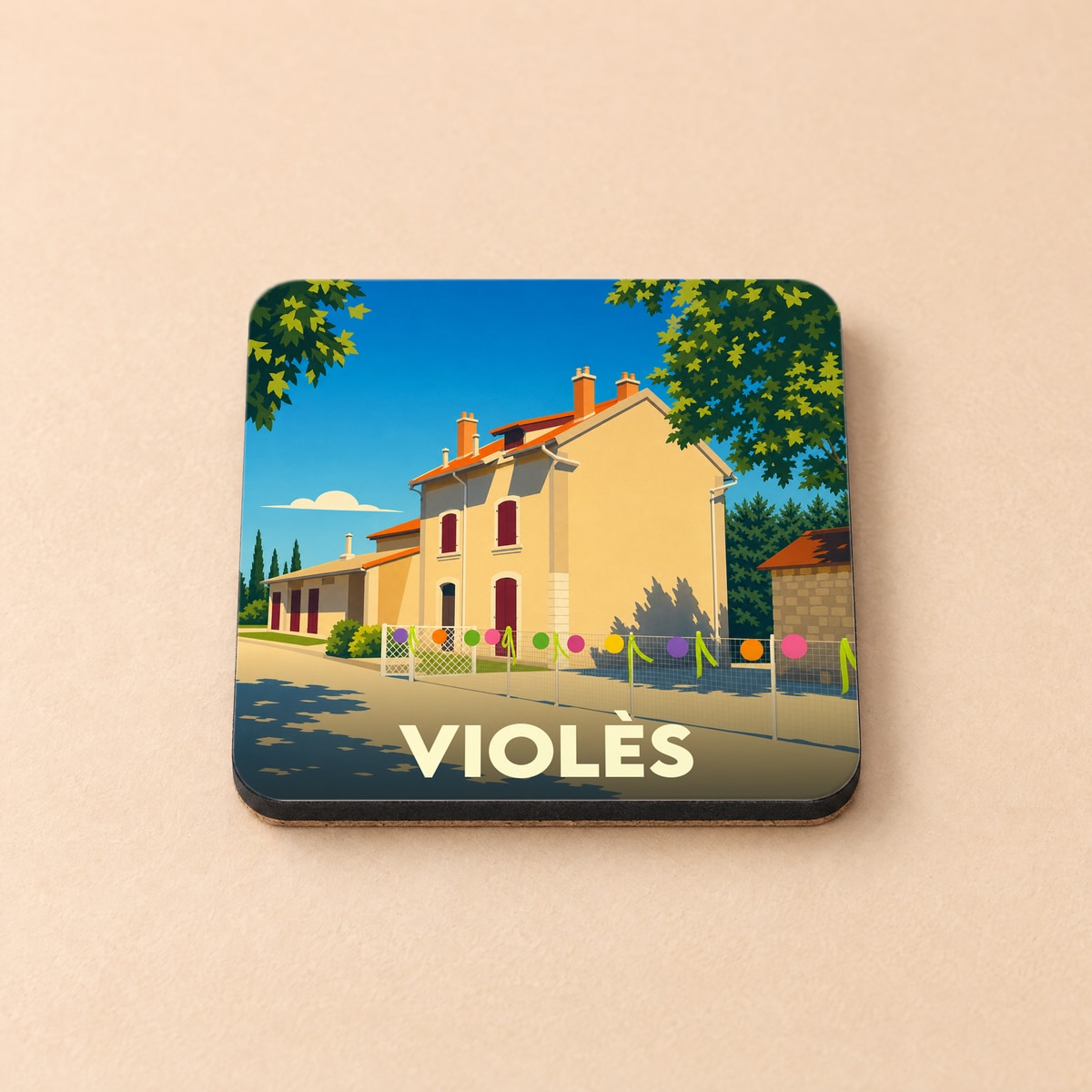 Dessous de verre souvenir de la ville de Violès avec une illustration stylisée.