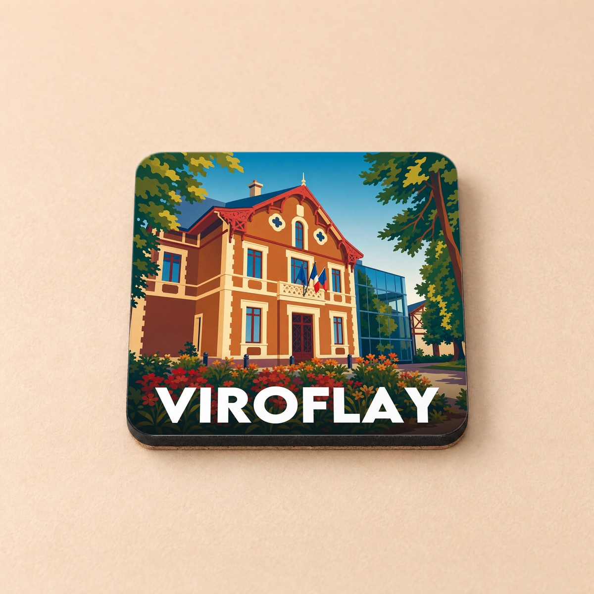 Dessous de verre souvenir de la ville de Viroflay avec une illustration stylisée de l'hôtel de ville.