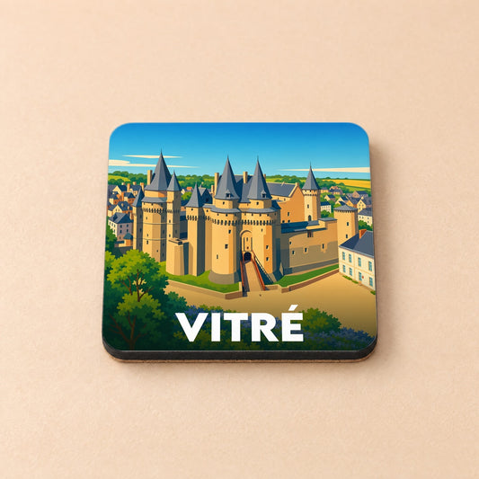 Dessous de verre souvenir de la ville de Vitré avec une illustration stylisée du château médiéval.