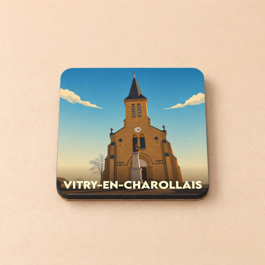 Dessous de verre souvenir de la ville de Vitry-en-Charollais avec une illustration stylisée de son église.