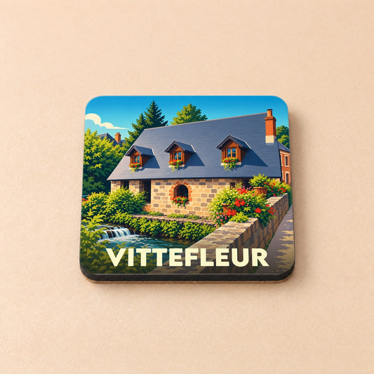 Dessous de verre souvenir de la ville de Vittefleur avec une illustration stylisée d'un moulin fleuri au bord de l'eau.
