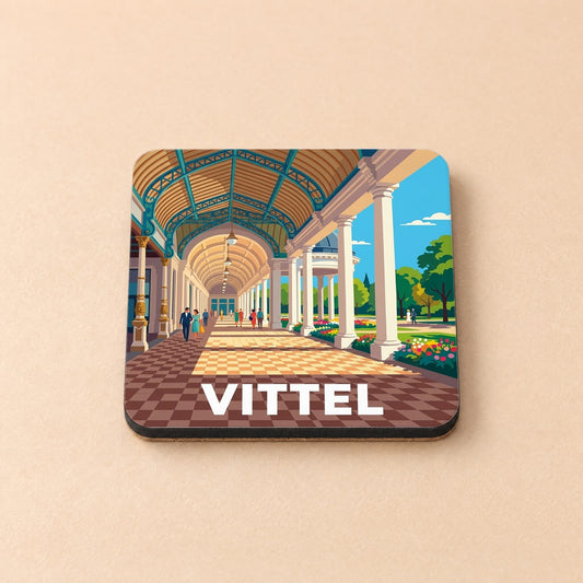 Dessous de verre souvenir de la ville de Vittel avec une illustration stylisée d'une galerie thermale.