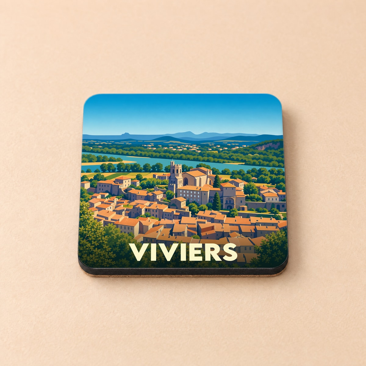 Dessous de verre souvenir de la ville de Viviers avec une illustration stylisée de ses paysages.