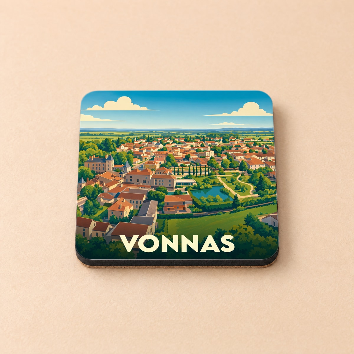 Dessous de verre souvenir de la ville de Vonnas avec une illustration stylisée d'un paysage urbain verdoyant.