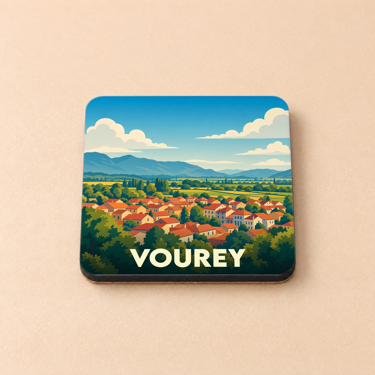 Dessous de verre souvenir de la ville de Vourey illustré d'un paysage montagneux et d'un village pittoresque.
