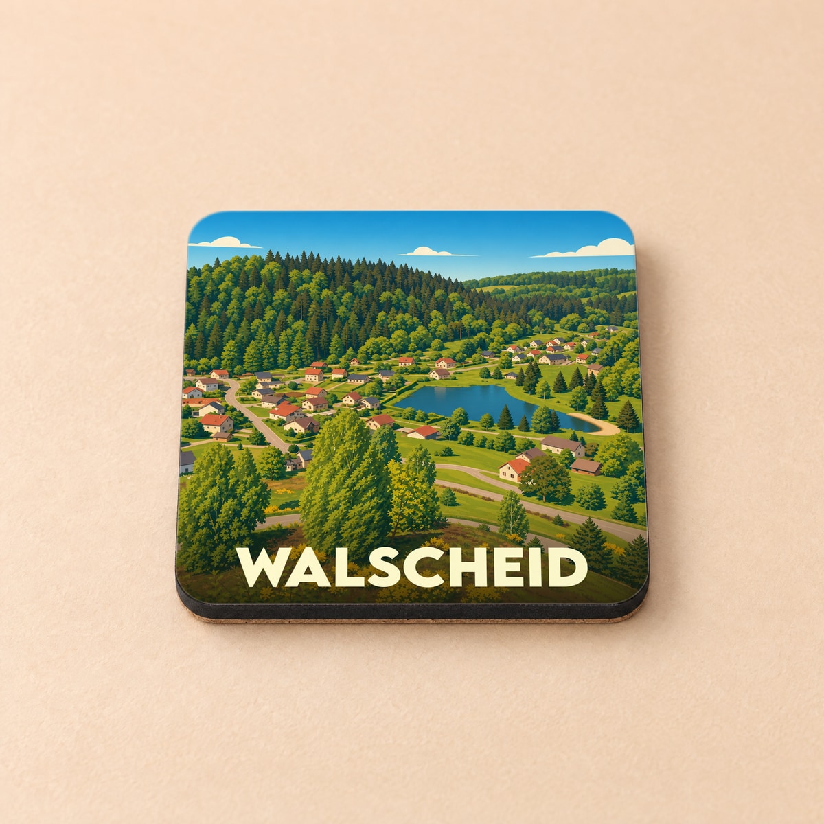 Dessous de verre souvenir de la ville de Walscheid avec une illustration paysagère stylisée.