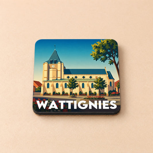 Dessous de verre souvenir de la ville de Wattignies avec une illustration stylisée de son église.