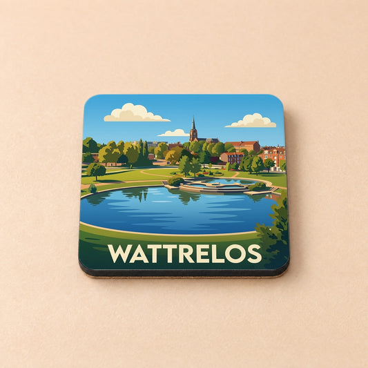 Dessous de verre souvenir de la ville de Wattrelos illustrant un parc avec un plan d'eau et une église.