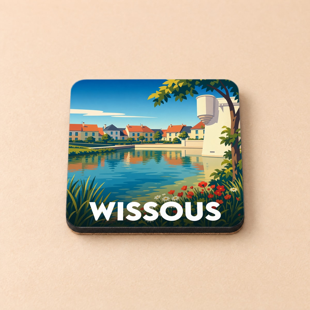 Dessous de verre souvenir de la ville de Wissous avec une illustration stylisée d'un étang et de maisons.